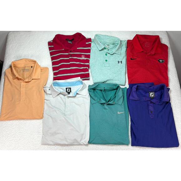 Nike Dri-Fit Under Armour Footjoy Columbia Golf Polo Shirts Mens Large Lot of 7 - Picture 1 of 15